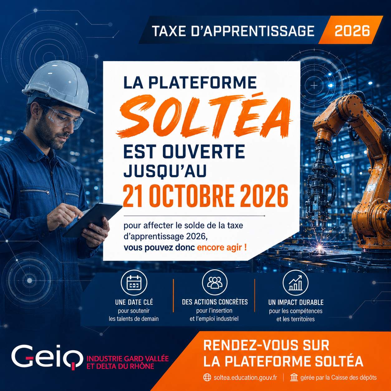 Taxe d’apprentissage 2026 : affectez votre solde au GEIQ Industrie via la plateforme SOLTéA avant le 21 octobre 2026